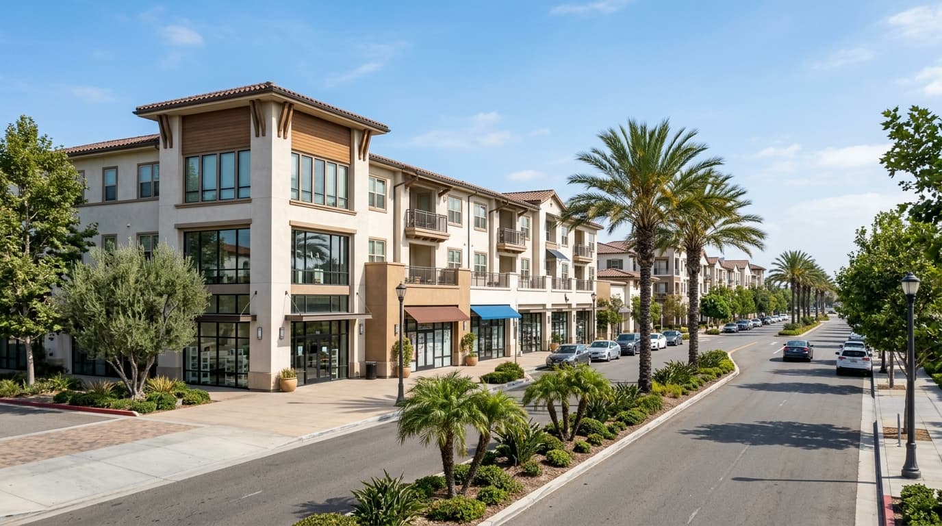 Mixed-use commercial building with ground-floor retail along Bolsa Avenue in Midway City
