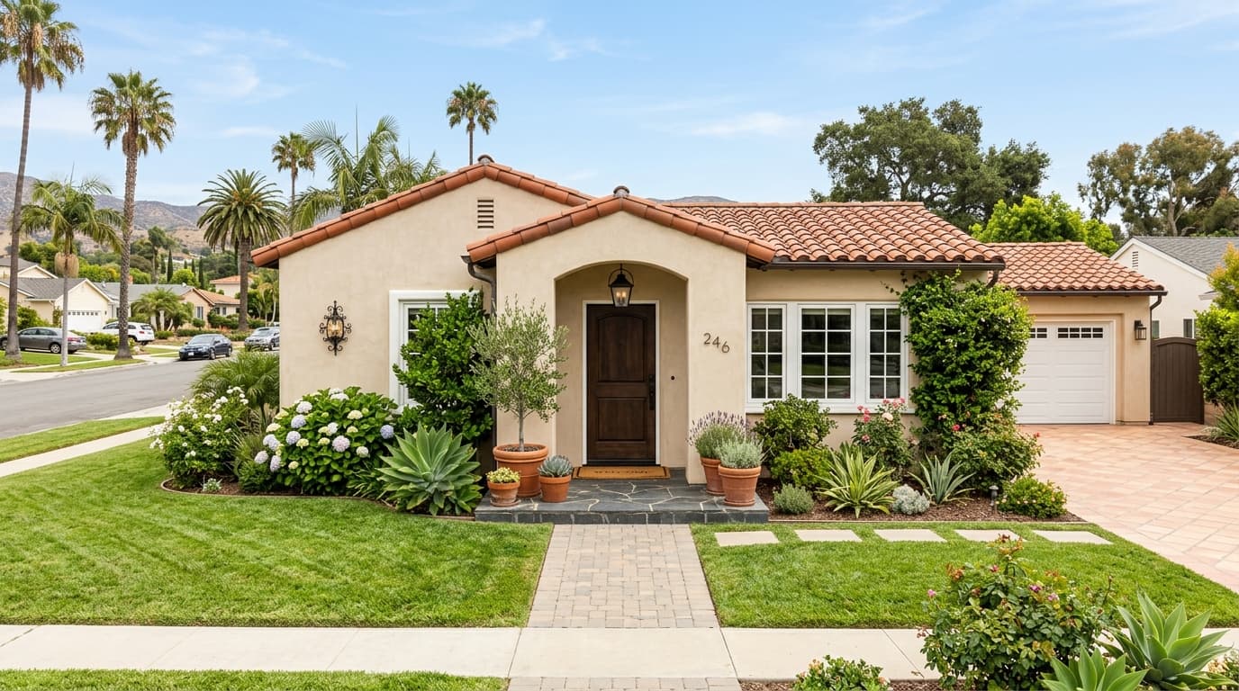Brightly lit starter home with a welcome mat and potted plants at the front entrance
