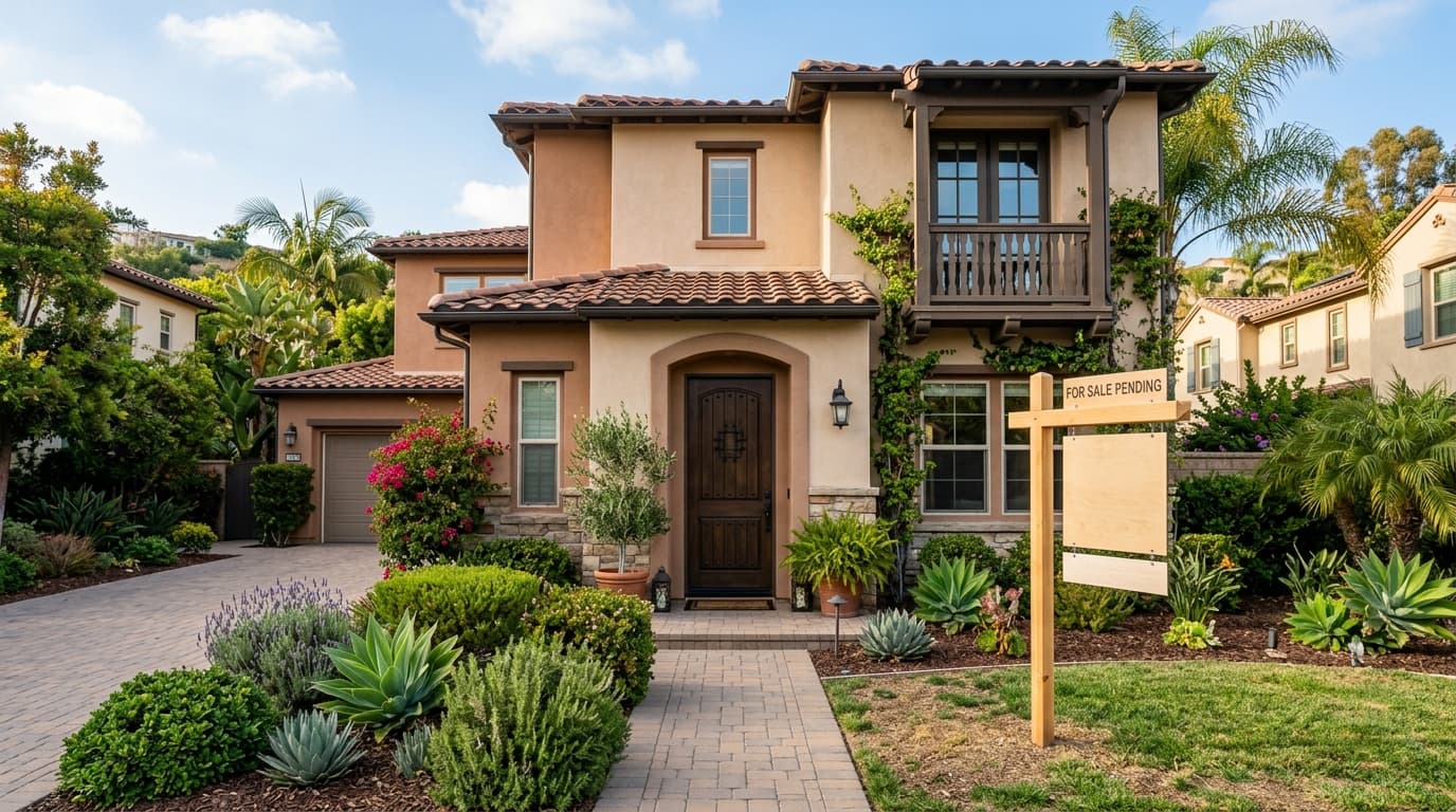 Front door of a welcoming Orange County townhome with a new for-sale-pending sign