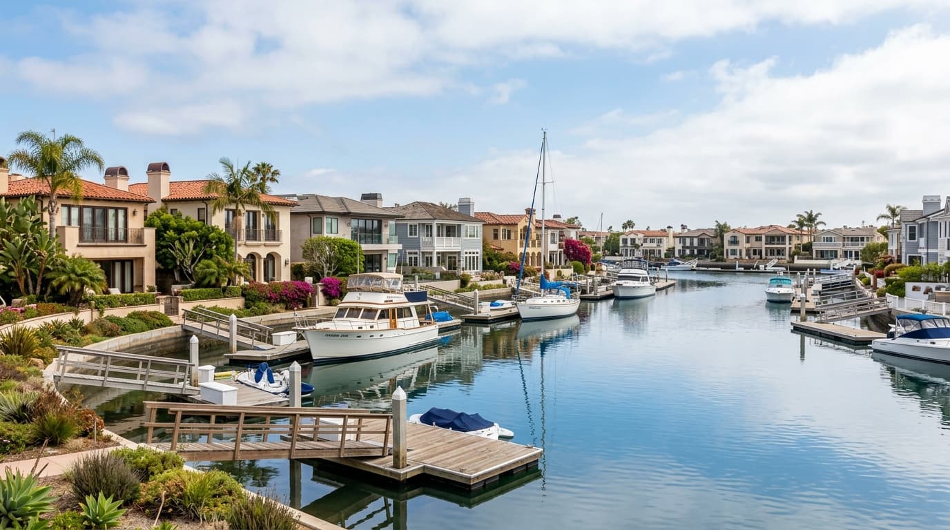 Waterfront homes with private docks and moored boats along a calm Huntington Harbour channel