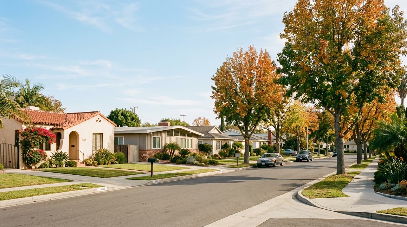 Quiet residential street in Midway City lined with single-story homes in autumn light