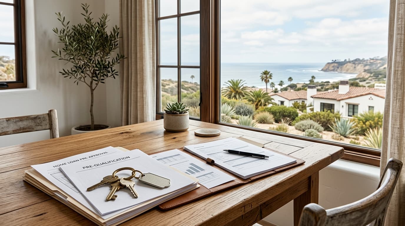 Neatly organized home loan documents and house keys on a wooden desk beside a window