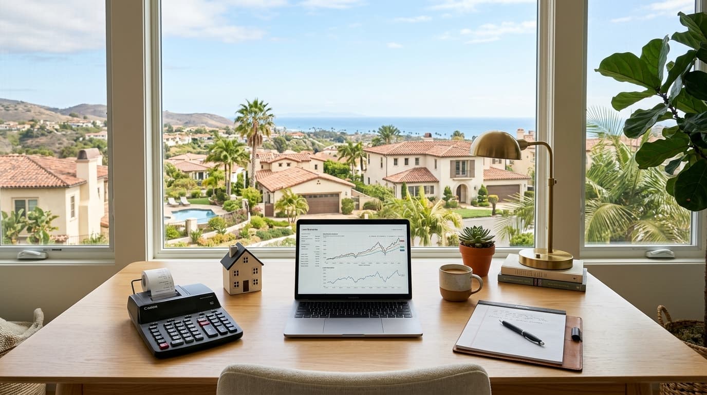 Desk with calculator, notepad, and laptop showing loan scenarios beside a small model house