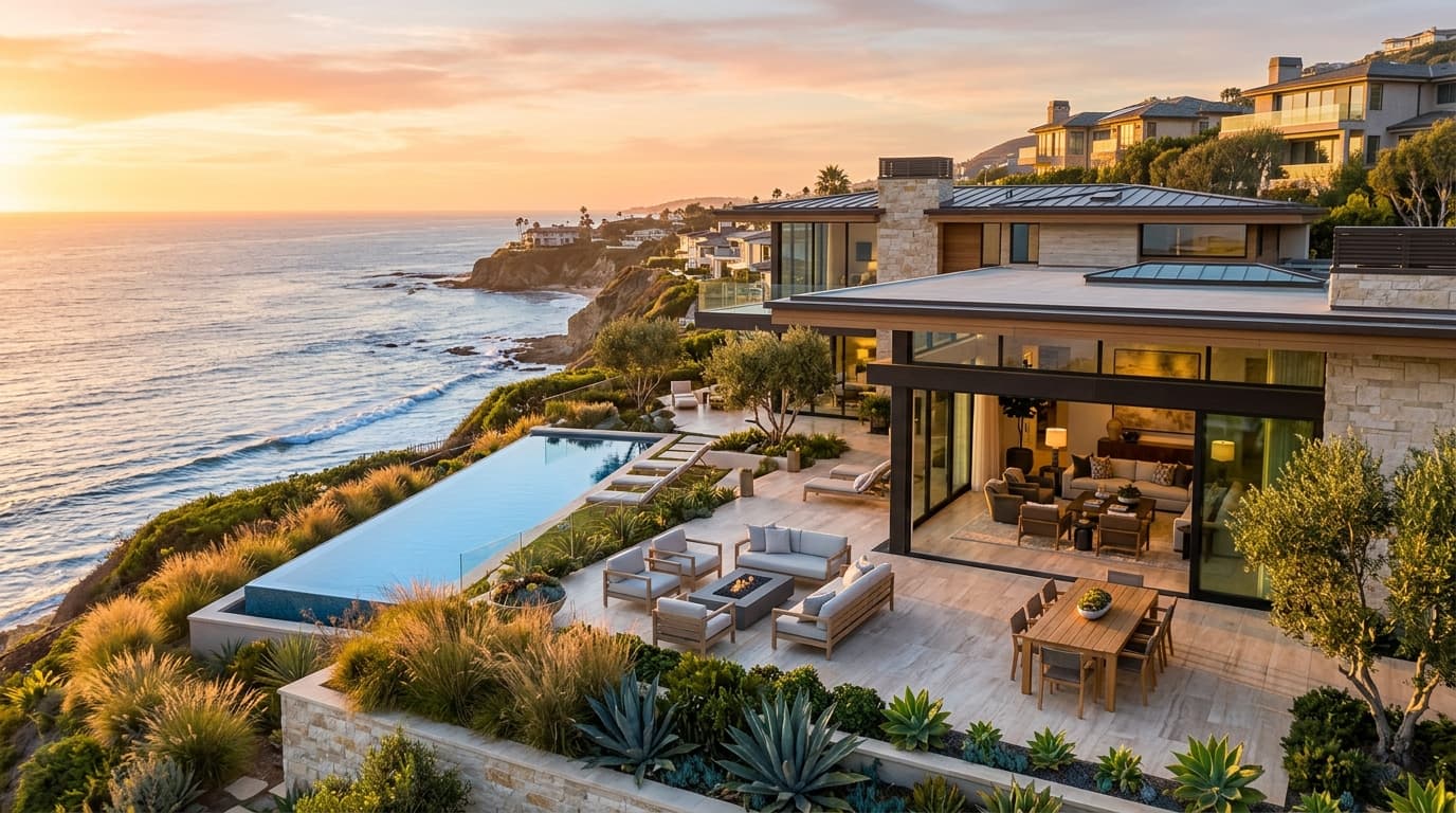 Contemporary coastal Orange County estate with ocean-facing terrace at golden hour