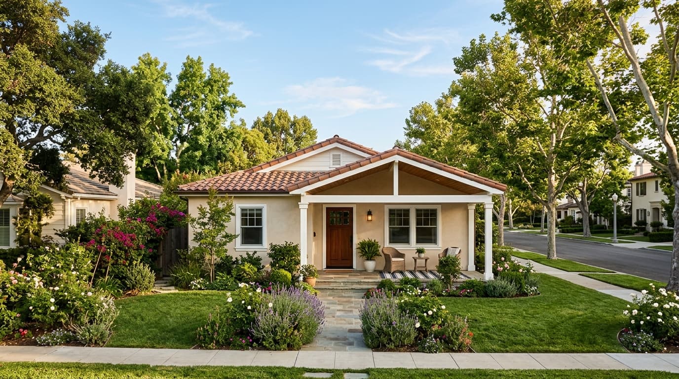 Classic California family home with a tree-lined front yard and covered porch