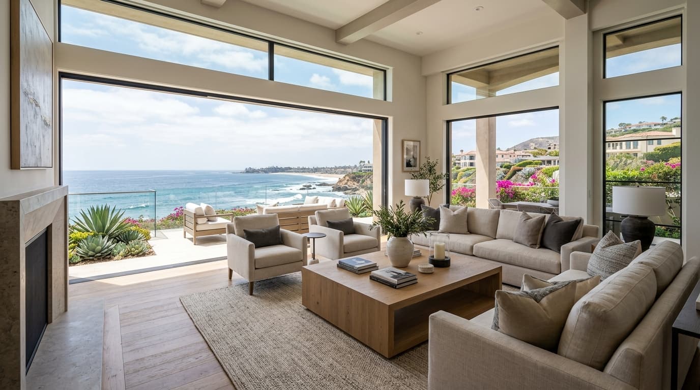 Elegantly staged living room with floor-to-ceiling windows overlooking the Pacific